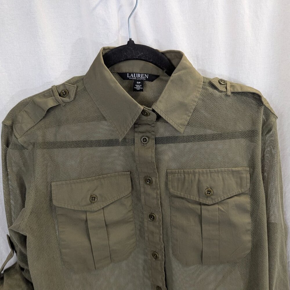 Ralph Lauren Size Small Army Green Sheer Netted Button Down Blouse - Picture 4 of 12
